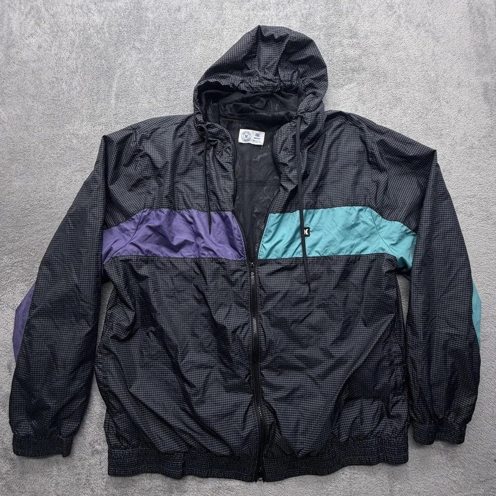 Hurley Jacket‎ Mens 2XL Black Teal Purple Colorblock Hooded Windbreaker
